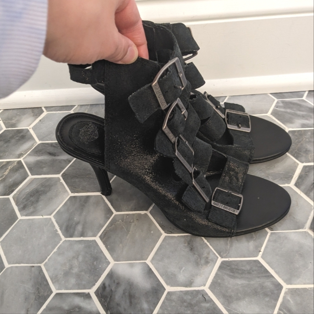 Harley-Davidson Black Lottie 5 Buckle Strap Pumps Heels Biker Sexy